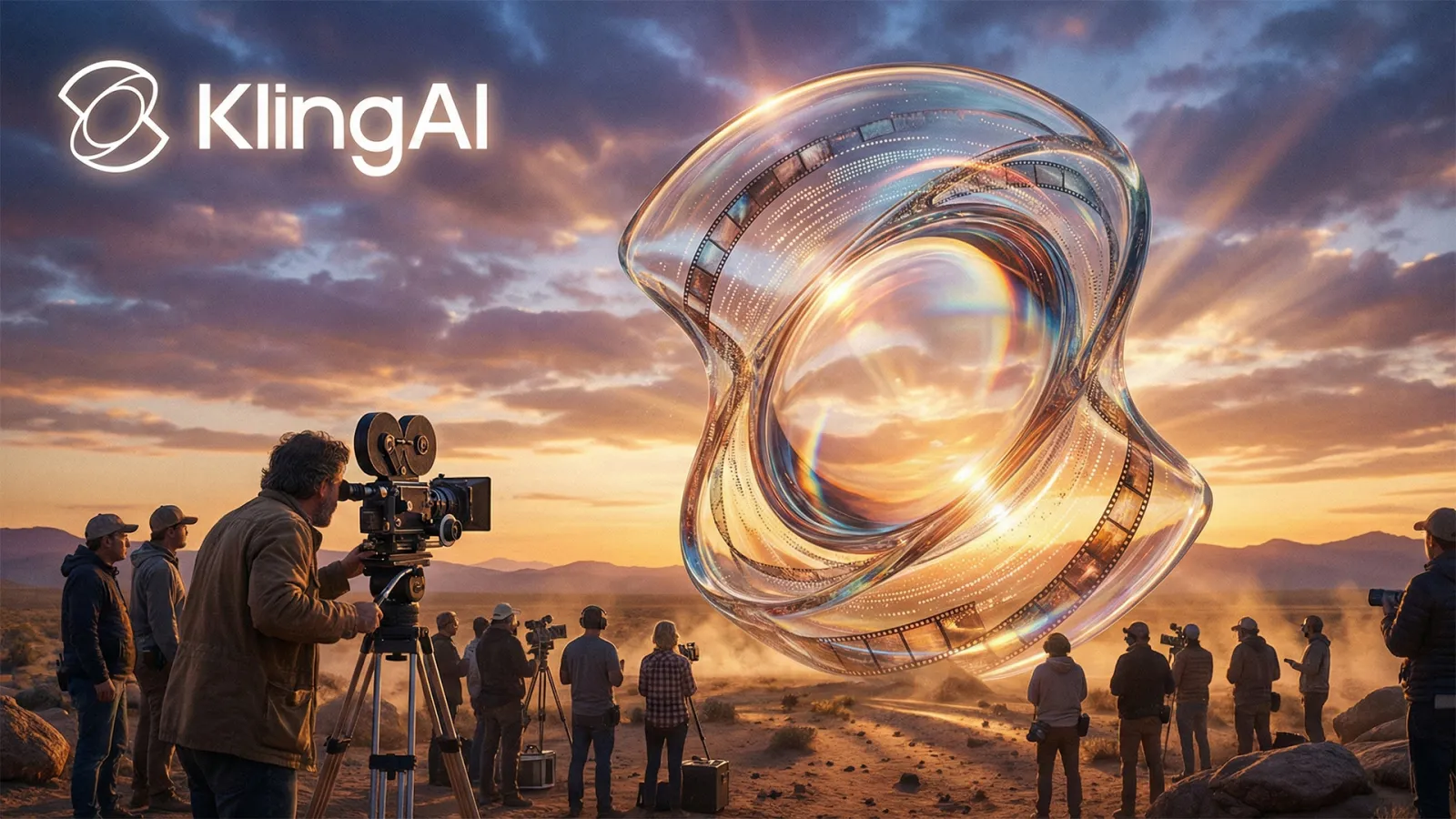 Kling AI promotional image showing film crew in desert with futuristic glass sculpture