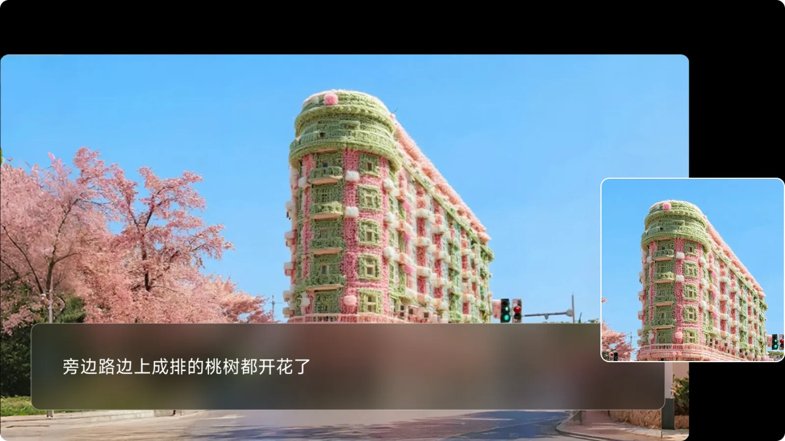Kling 3.0 image expansion feature showing AI-generated yarn-covered building with cherry blossoms
