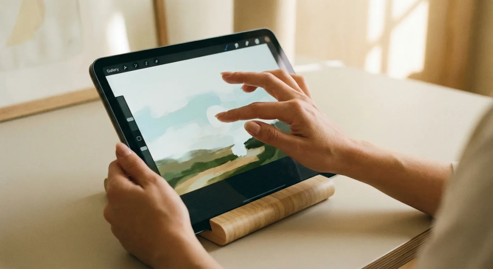 Hand gestures on iPad using Procreate - two-finger tap for undo