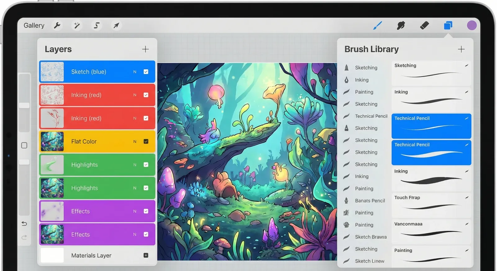 Procreate layers panel and brush library on iPad screen
